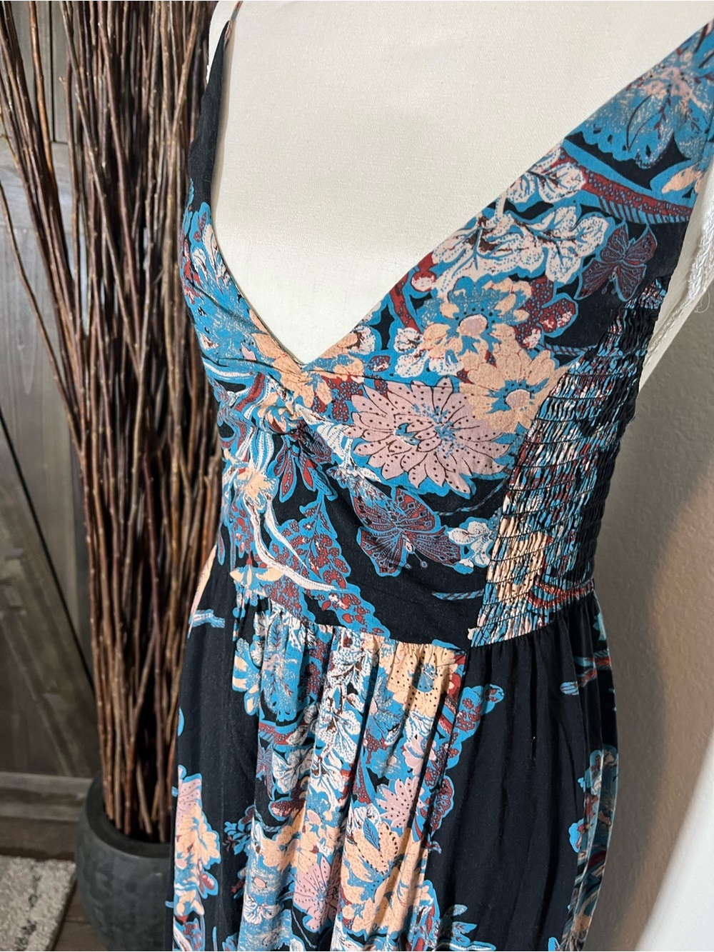 Free People Black Maxi Dress with Blue and Blush Floral Pattern - Picture 2 of 6